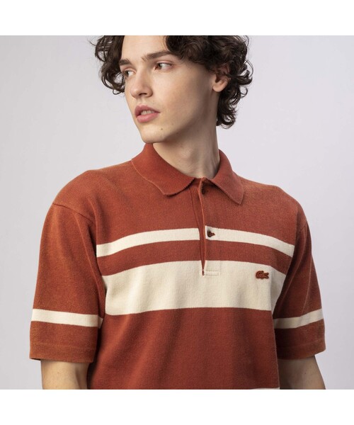 ラコステ クラシック ボーダー ウォッシュド ニットポロシャツ ブラウン LACOSTE（ラコステ）の「ウォッシュドニットポロシャツ