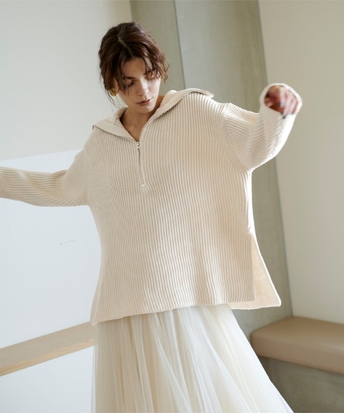 UR'S(ユアーズ)の「ハーフジップニットプルオーバー(ニット/セーター・レディース・モカ/アイボリー/ブルー・S/M/L)」の2枚目の写真