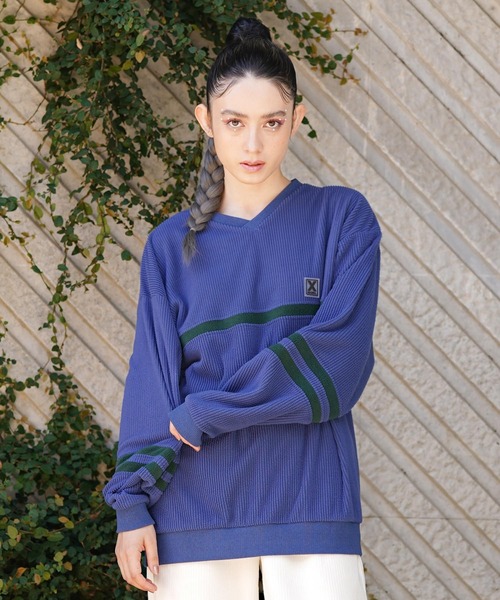 X-girl（エックスガール）の「CONTRAST LINE RIB TOP（Tシャツ/カットソー・レディース・ブルー/ブラック/ホワイト・M/S）」の3枚目の写真