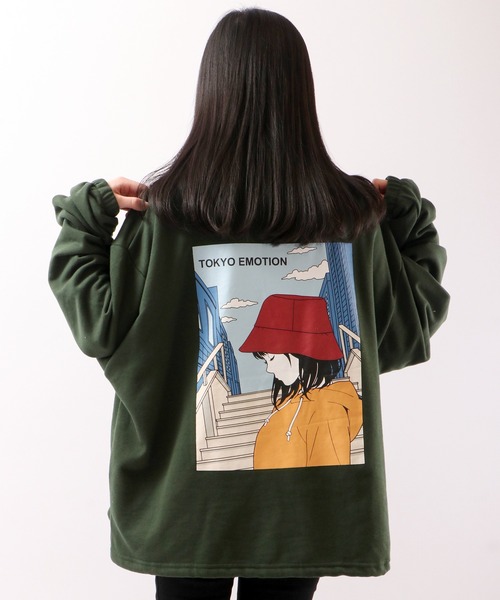 Ifrun Original 裏毛イラストバックプリントクルー Listening