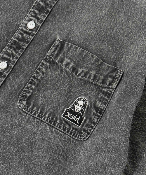 X-girl（エックスガール）の「CHEMICAL WASH DENIM FACE EMBROIDERY S/S SHIRT/ケミカルウォッシュデニム　FACE刺繍シャツ（シャツ/ブラウス・レディース・ブラック/インディゴブルー・M/S）」の12枚目の写真
