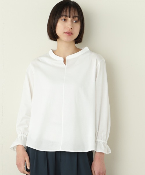 human woman(ヒューマンウーマン)の「◆袖ギャザージャージーブラウス(Tシャツ/カットソー・レディース・ブルー/ホワイト・MEDIUM)」の1枚目の写真