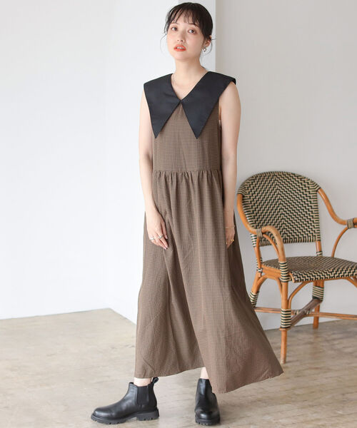 BeAMS DOT（ビームスドット）の「【WEB限定】BeAMS DOT / Vネック チェック ワンピース（ワンピース・レディース・ブラウン/グリーン・FREE）」の3枚目の写真
