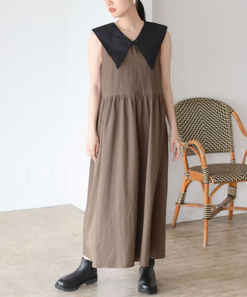 BeAMS DOT（ビームスドット）の「【WEB限定】BeAMS DOT / Vネック チェック ワンピース（ワンピース・レディース・ブラウン/グリーン・FREE）」の6枚目の写真