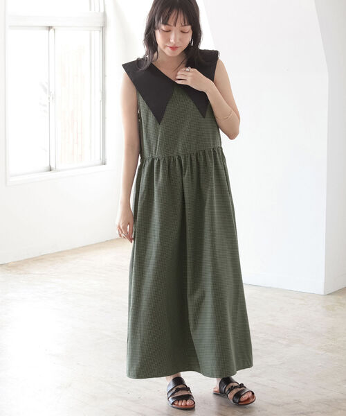 BeAMS DOT（ビームスドット）の「【WEB限定】BeAMS DOT / Vネック チェック ワンピース（ワンピース・レディース・ブラウン/グリーン・FREE）」の9枚目の写真