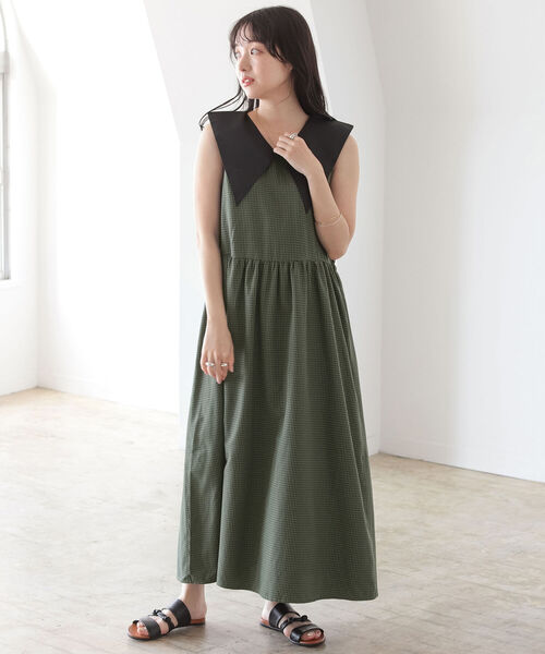 BeAMS DOT（ビームスドット）の「【WEB限定】BeAMS DOT / Vネック チェック ワンピース（ワンピース・レディース・ブラウン/グリーン・FREE）」の2枚目の写真