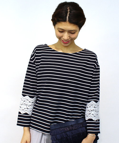 mystic（ミスティック）の「起毛レース付きボーダープルオーバー（Tシャツ/カットソー・レディース・ブラック/オフホワイト/ネイビー・ﾌﾘ-）」の3枚目の写真