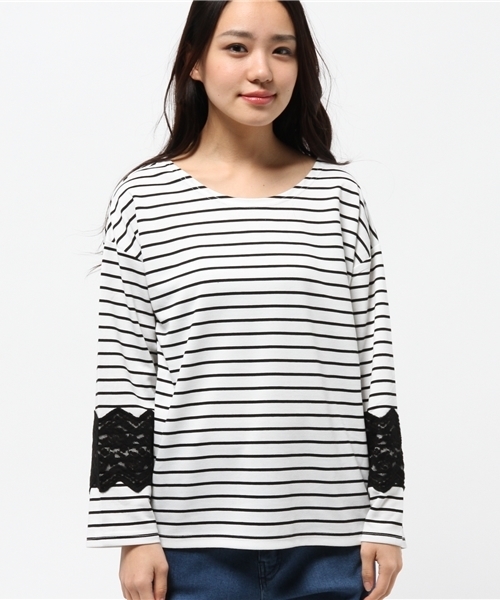 mystic（ミスティック）の「起毛レース付きボーダープルオーバー（Tシャツ/カットソー・レディース・ブラック/オフホワイト/ネイビー・ﾌﾘ-）」の7枚目の写真