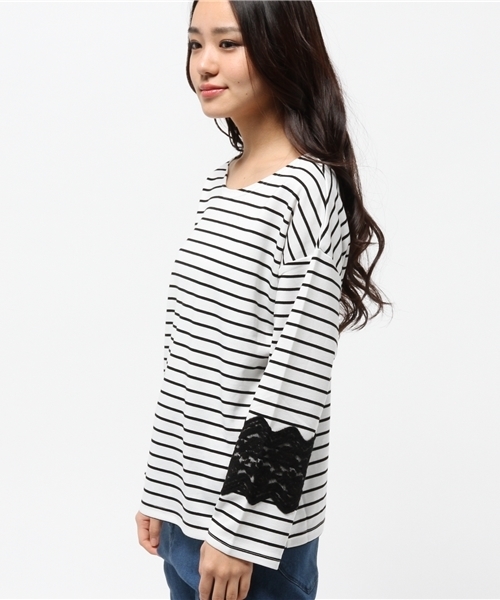 mystic（ミスティック）の「起毛レース付きボーダープルオーバー（Tシャツ/カットソー・レディース・ブラック/オフホワイト/ネイビー・ﾌﾘ-）」の8枚目の写真