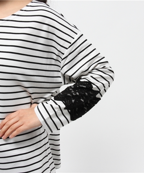 mystic（ミスティック）の「起毛レース付きボーダープルオーバー（Tシャツ/カットソー・レディース・ブラック/オフホワイト/ネイビー・ﾌﾘ-）」の11枚目の写真