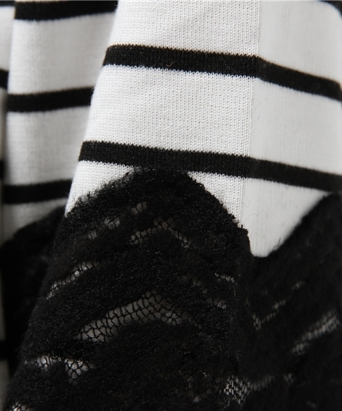 mystic（ミスティック）の「起毛レース付きボーダープルオーバー（Tシャツ/カットソー・レディース・ブラック/オフホワイト/ネイビー・ﾌﾘ-）」の6枚目の写真