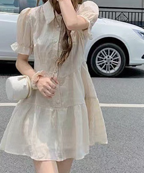 Dream garden（ドリームガーデン）の「YUGA フレンチスリーブ　ティアードミニワンピース（ワンピース・レディース・オフホワイト/ブラック・L/S/M/FREE）」の4枚目の写真