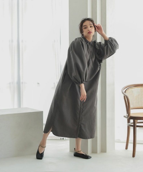 DONOBAN（ドノバン）の「ボリュームスリーブシャツワンピース（シャツワンピース・レディース・チャコール/ベージュ/キャメル/ピンク/カーキ・F）」の7枚目の写真