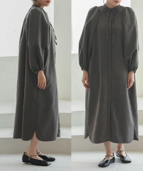 DONOBAN（ドノバン）の「ボリュームスリーブシャツワンピース（シャツワンピース・レディース・チャコール/ベージュ/キャメル/ピンク/カーキ・F）」の14枚目の写真