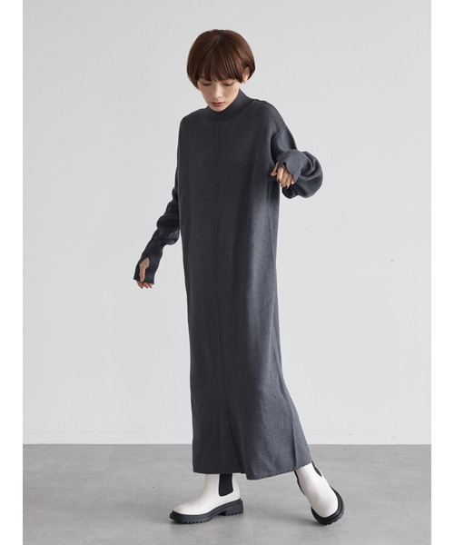 rem closet（レムクローゼット）の「アウトリンキングミラノリブワンピース（ワンピース・レディース・ベージュ/チャコールグレー/ブルー・FREE）」の2枚目の写真