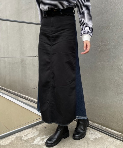 CIAOPANIC（チャオパニック）の「【CPC SCAMP】ツイルドッキングデニムフレアスカート（デニムスカート・レディース・ブラック/インディゴブルー・SMALL/MEDIUM）」の2枚目の写真