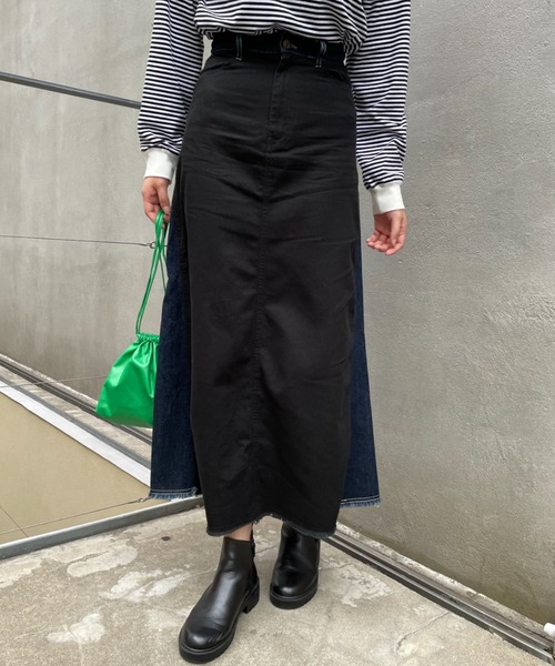 CIAOPANIC（チャオパニック）の「【CPC SCAMP】ツイルドッキングデニムフレアスカート（デニムスカート・レディース・ブラック/インディゴブルー・SMALL/MEDIUM）」の5枚目の写真