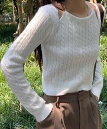 縄編みボレロドッキングニットトップス