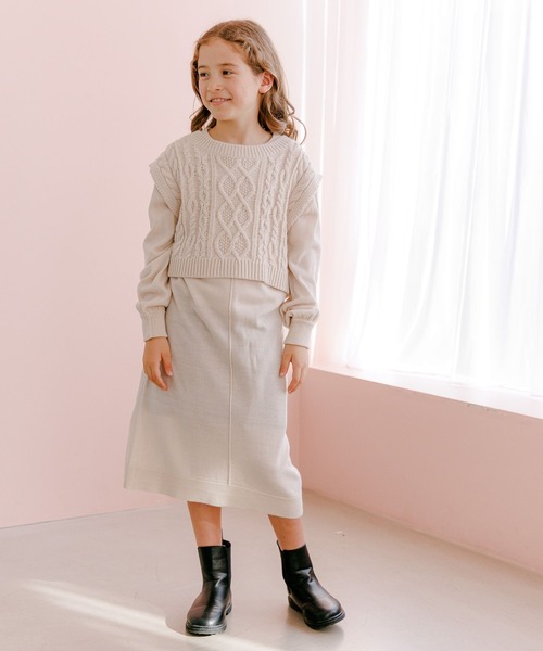 GLOBAL WORK（グローバルワーク）の「ケーブルニットセットワンピース/124977（ワンピース・キッズ・ライトブルー/ブラウン/オフホワイト・100cm/130cm/140cm/160cm/150cm/120cm/110cm）」の2枚目の写真