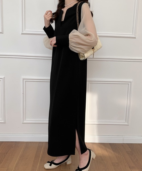 ECLIN（エクラン）の「異素材シアースリーブスキッパネックスリットワンピース（ワンピース・レディース・ベージュ/ブラック/グレー・M/L）」の15枚目の写真