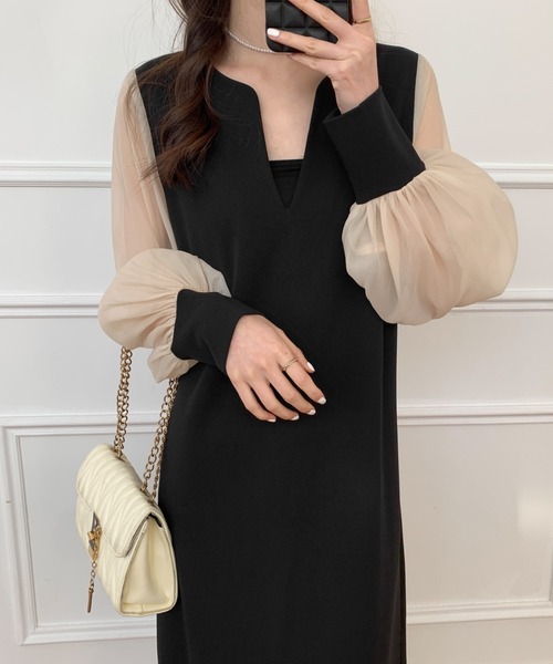 ECLIN（エクラン）の「異素材シアースリーブスキッパネックスリットワンピース（ワンピース・レディース・ベージュ/ブラック/グレー・M/L）」の17枚目の写真