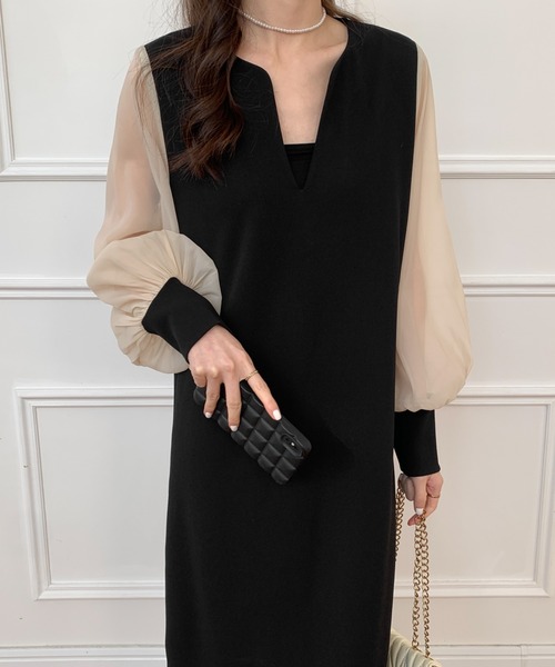 ECLIN（エクラン）の「異素材シアースリーブスキッパネックスリットワンピース（ワンピース・レディース・ベージュ/ブラック/グレー・M/L）」の18枚目の写真