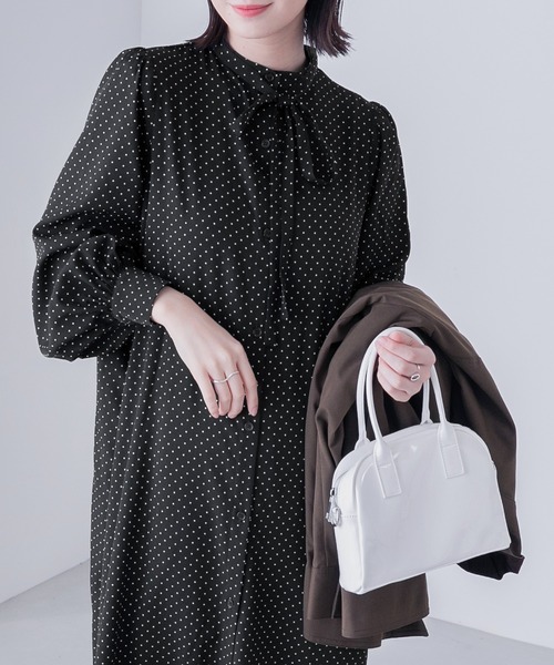 BONLECILL（ボンルシール）の「2way ドットプリント ボウタイリボンワンピース（シャツワンピース・レディース・ネイビー/オフホワイト/ブラック・FREE）」の2枚目の写真