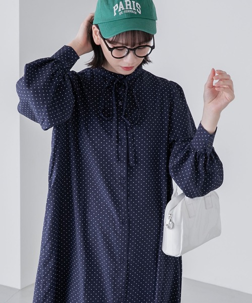 BONLECILL（ボンルシール）の「2way ドットプリント ボウタイリボンワンピース（シャツワンピース・レディース・ネイビー/オフホワイト/ブラック・FREE）」の16枚目の写真