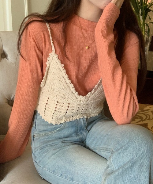 mebole(メボレ)の「クロシェ編みビスチェ&ロンTセット(Tシャツ/カットソー・レディース・グリーン/ホワイト/オレンジ/ブルー・FREE)」の4枚目の写真