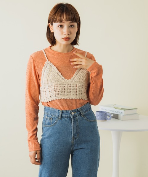 mebole(メボレ)の「クロシェ編みビスチェ&ロンTセット(Tシャツ/カットソー・レディース・グリーン/ホワイト/オレンジ/ブルー・FREE)」の12枚目の写真