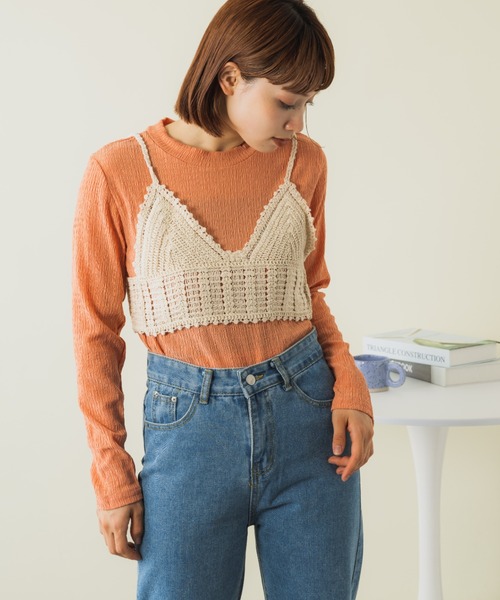mebole(メボレ)の「クロシェ編みビスチェ&ロンTセット(Tシャツ/カットソー・レディース・グリーン/ホワイト/オレンジ/ブルー・FREE)」の9枚目の写真