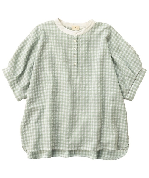 Viola e Viola(ヴィオラエヴィオラ)の「バンドカラー切替ギンガムドルマンブラウス(シャツ/ブラウス・レディース・グレー/ベージュ系その他/ブラック/ミント・MEDIUM/X-LARGE/LARGE/XX-LARGE)」の4枚目の写真