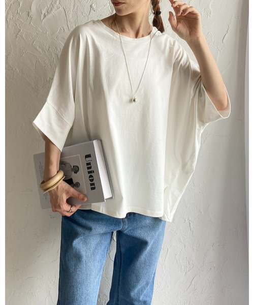 She's Closet（シーズクローゼット）の「無地コットンドルマンスリーブ半袖ビッグシルエットTシャツ（Tシャツ/カットソー・レディース・ホワイト/ブラック/チャコール/グリーン/グレイッシュベージュ/ブルーパープル・FREE）」の7枚目の写真