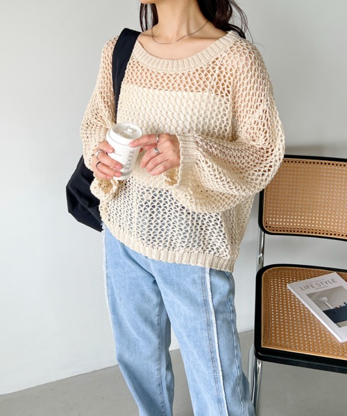 CLEA（クレア）の「メッシュ編みボリューム袖オーバーサイズトップス（Tシャツ/カットソー・レディース・アイボリー/ブラック・FREE）」の7枚目の写真