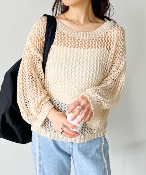CLEA（クレア）の「メッシュ編みボリューム袖オーバーサイズトップス（Tシャツ/カットソー・レディース・アイボリー/ブラック・FREE）」の3枚目の写真