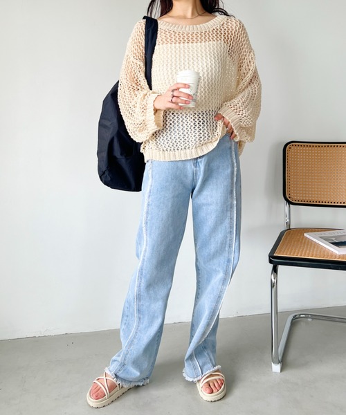 CLEA（クレア）の「メッシュ編みボリューム袖オーバーサイズトップス（Tシャツ/カットソー・レディース・アイボリー/ブラック・FREE）」の10枚目の写真