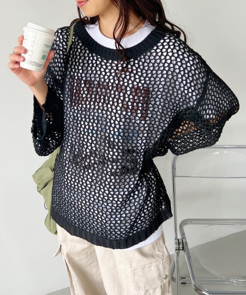 CLEA（クレア）の「メッシュ編みボリューム袖オーバーサイズトップス（Tシャツ/カットソー・レディース・アイボリー/ブラック・FREE）」の12枚目の写真