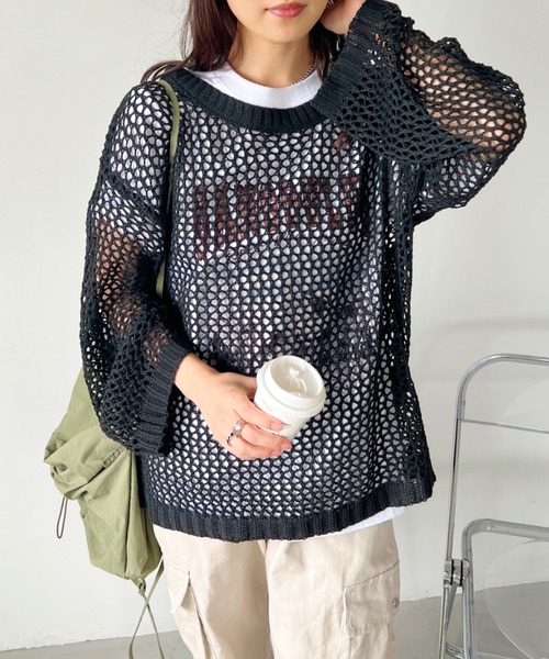 CLEA（クレア）の「メッシュ編みボリューム袖オーバーサイズトップス（Tシャツ/カットソー・レディース・アイボリー/ブラック・FREE）」の13枚目の写真