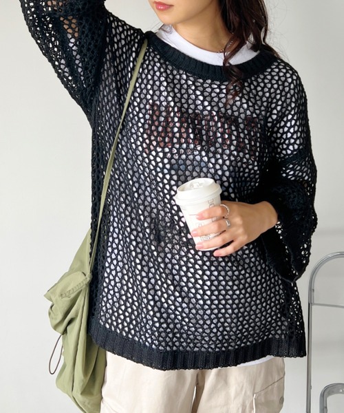 CLEA（クレア）の「メッシュ編みボリューム袖オーバーサイズトップス（Tシャツ/カットソー・レディース・アイボリー/ブラック・FREE）」の14枚目の写真