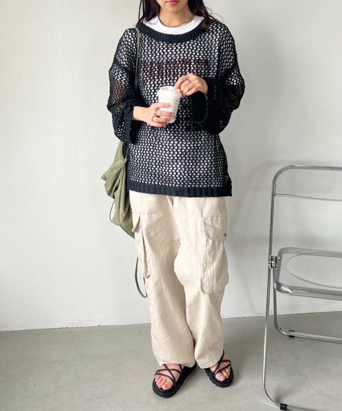 CLEA（クレア）の「メッシュ編みボリューム袖オーバーサイズトップス（Tシャツ/カットソー・レディース・アイボリー/ブラック・FREE）」の17枚目の写真