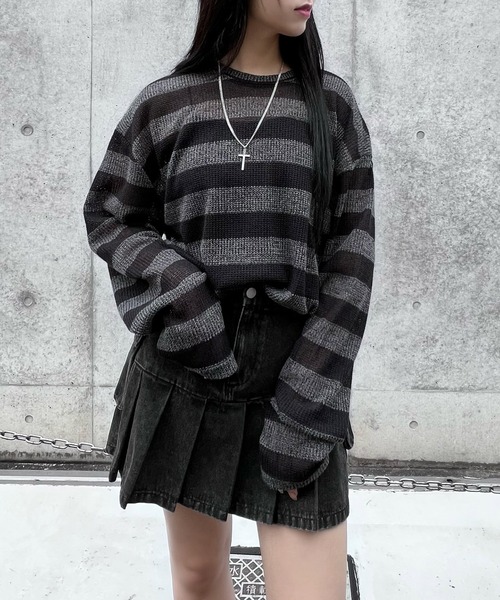 Figments（フィグメンツ）の「オーバーサイズボーダーニット（ニット/セーター・レディース・ブラック/グレー・FREE）」の15枚目の写真