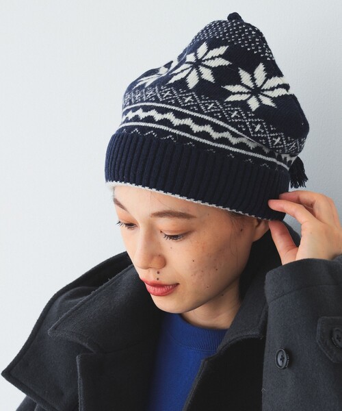 BEAMS BOY(ビームスボーイ)の「BEAMS BOY / 雪柄 ニットキャップ(ニットキャップ/ビーニー・レディース・ナチュラル/ネイビー・ONE SIZE)」の2枚目の写真