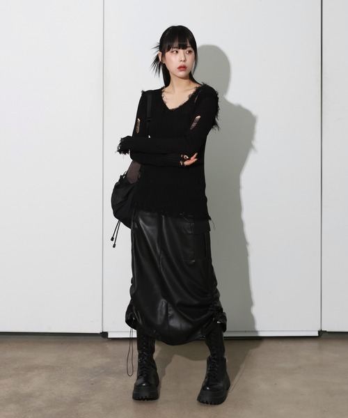FOLLOWIN(フォロウィン)の「ストレートストリングシャーリングカーゴロングスカート(スカート・レディース・グレー/ブラック/カーキ・SMALL/X-LARGE/MEDIUM/LARGE)」の5枚目の写真