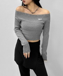 【LVEU.】ダメージオフショルニットトップス / トップス ニット ダメージ オフショル オフショルダー クロップド ショート ブラック グレー
