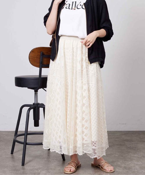 Chez toi（シェトワ）の「パネルメッシュレースフレアスカート（スカート・レディース・ベージュ/ネイビー/アイボリー・FREE）」の9枚目の写真