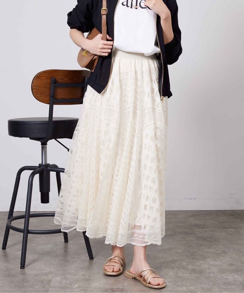 Chez toi（シェトワ）の「パネルメッシュレースフレアスカート（スカート・レディース・ベージュ/ネイビー/アイボリー・FREE）」の10枚目の写真