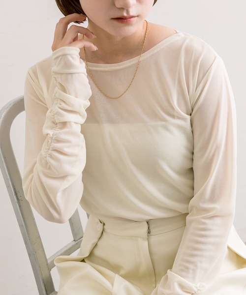 mline（エムライン）の「【3色展開】[mline]袖ギャザーシアープルオーバー（Tシャツ/カットソー・レディース・アイボリー/グリーン/ブラック・FREE）」の2枚目の写真