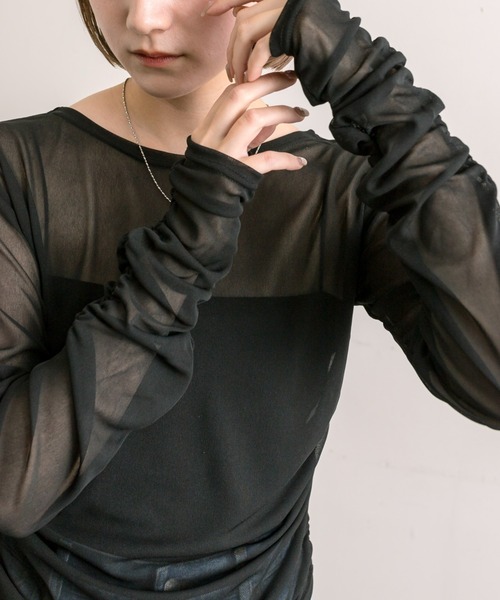 mline（エムライン）の「【3色展開】[mline]袖ギャザーシアープルオーバー（Tシャツ/カットソー・レディース・アイボリー/グリーン/ブラック・FREE）」の3枚目の写真