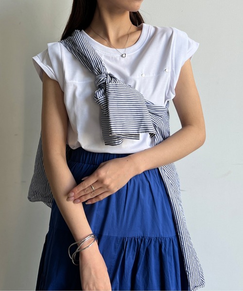 Chez toi（シェトワ）の「接触冷感フレンチスリーブプルオーバー（Tシャツ/カットソー・レディース・ネイビー/ブラック/グレイッシュベージュ/オフホワイト・FREE）」の5枚目の写真