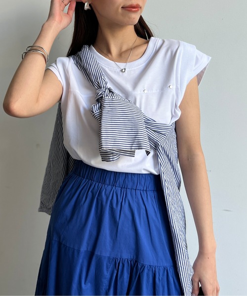 Chez toi（シェトワ）の「接触冷感フレンチスリーブプルオーバー（Tシャツ/カットソー・レディース・ネイビー/ブラック/グレイッシュベージュ/オフホワイト・FREE）」の6枚目の写真